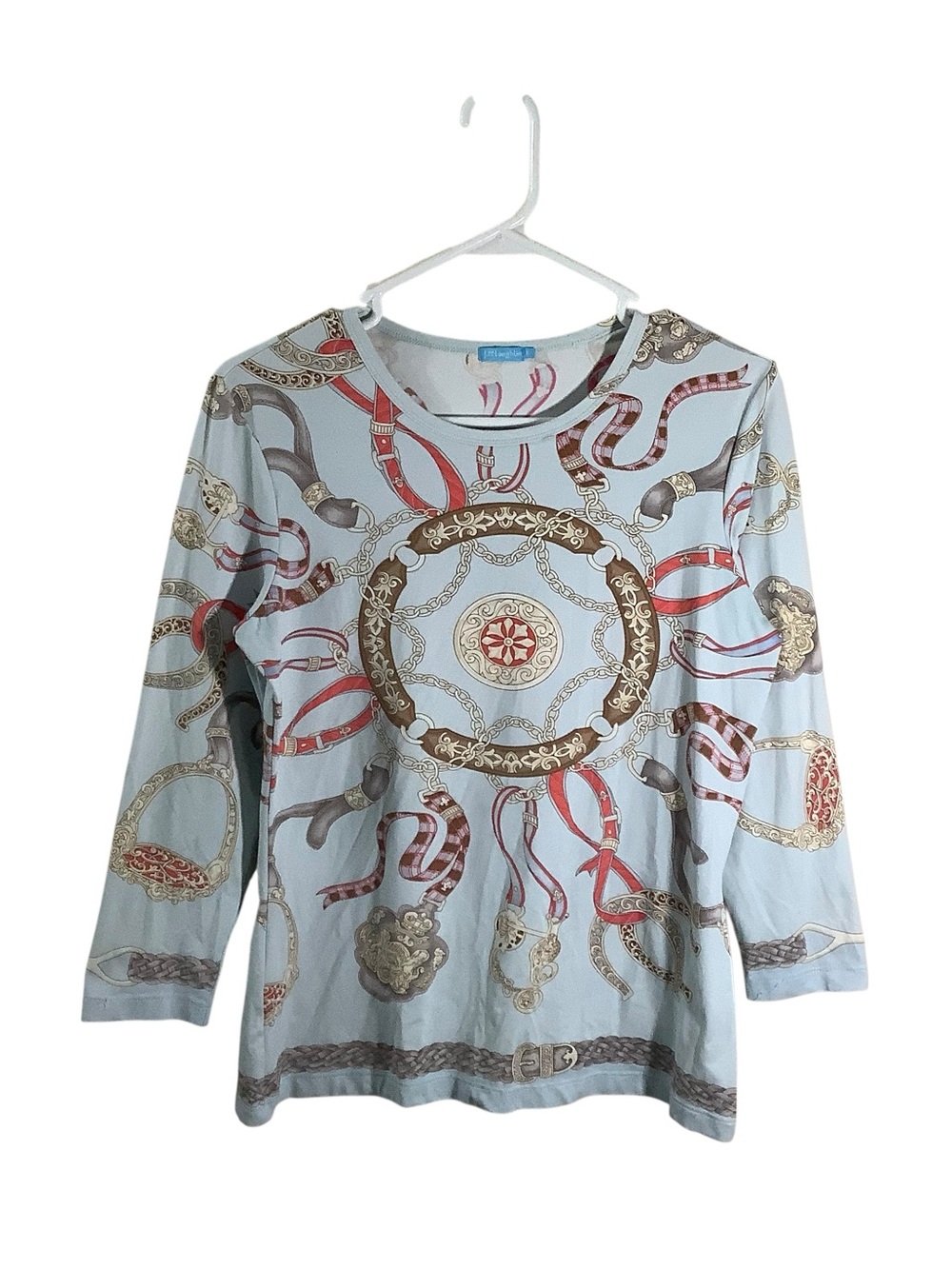 J. McLaughlin Light Blue Medallion/Chain Print 3/4 Sleeve Top